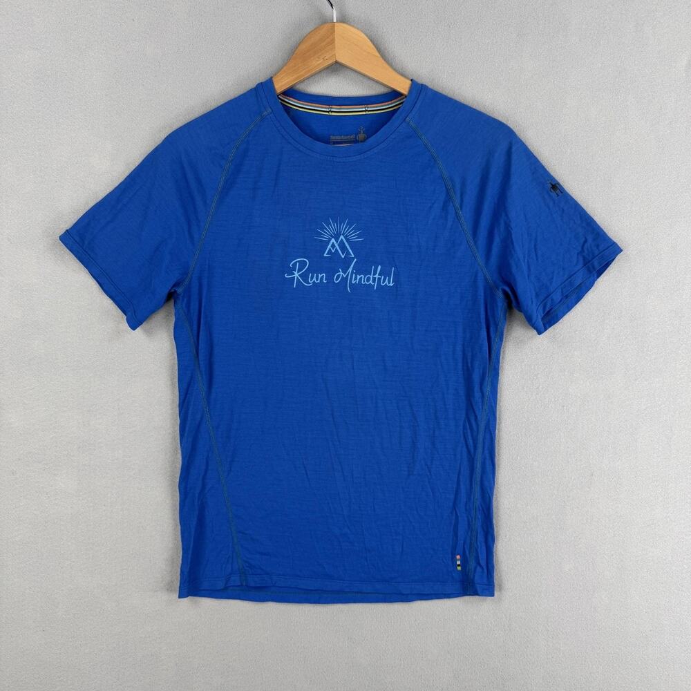 Smartwool Shirt Mens Small Blue Run Mindful Graphic Short Sleeve Wool Running